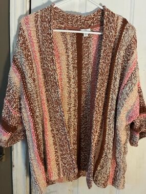 J. Jill Striped Open-Front Cardigan in Brown, Cream & Pink medium petite